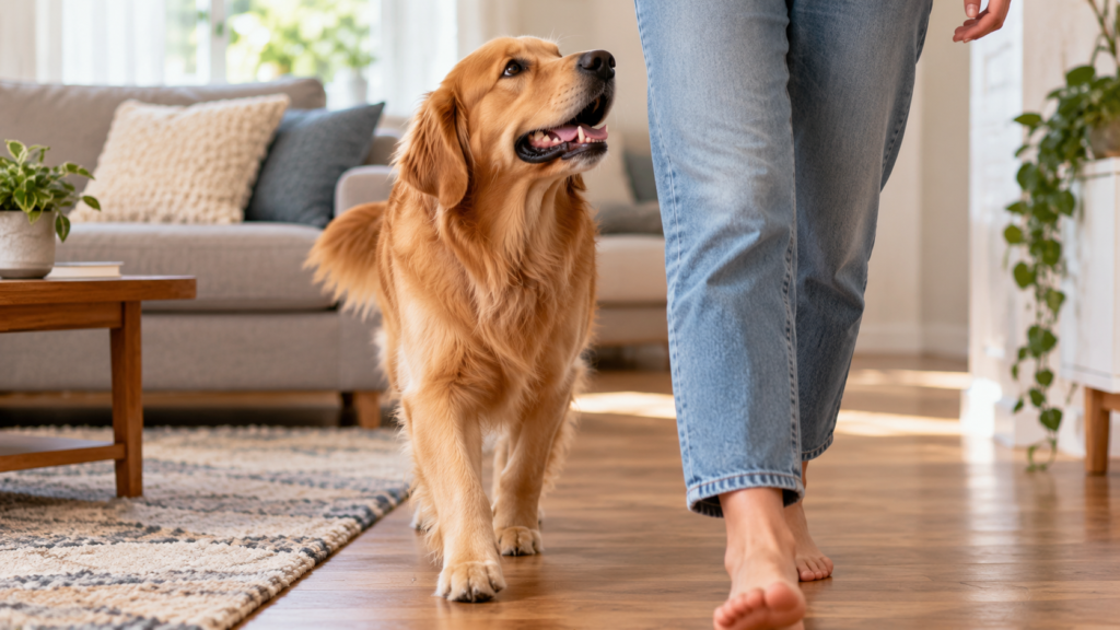 Golden retriever following its owner at home — why does my dog follow me everywhere