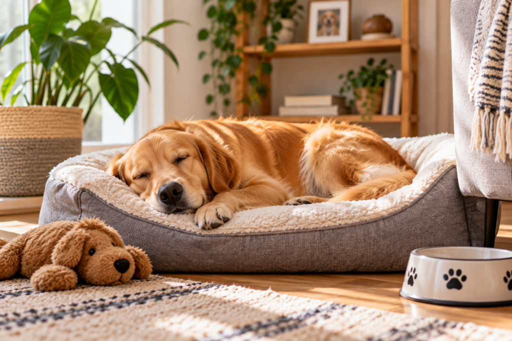 Golden retriever sleeping peacefully in its own dog bed at home