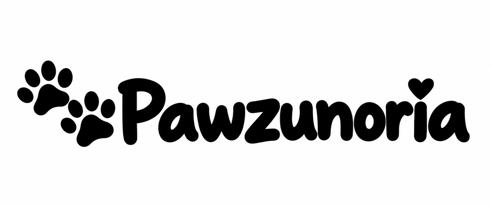 Pawzunoria logo with two black paw prints and a heart above the letter i