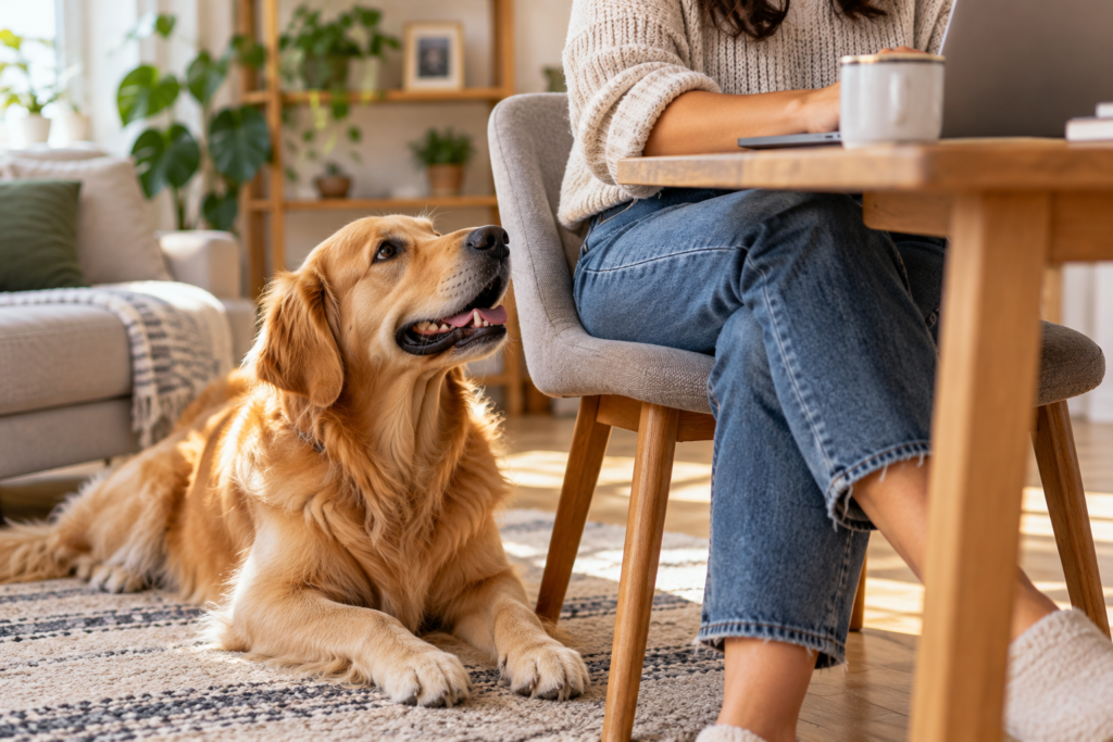 Golden retriever resting beside its owner while she works from home